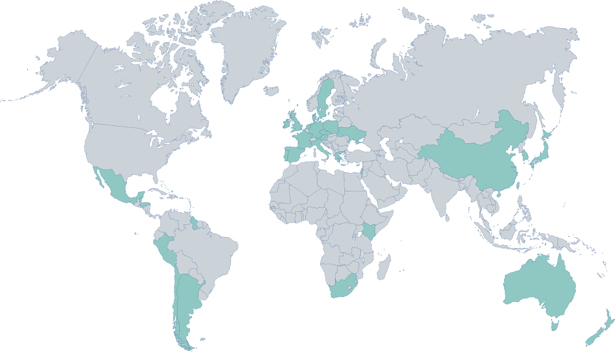 Illustrated world map highlighting thrity five countries where Penn State students
	have studied abroad.