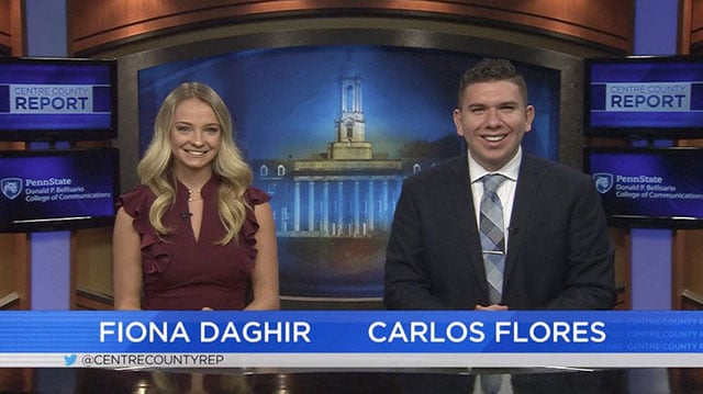 Two students on set anchor an episode of Centre County Report