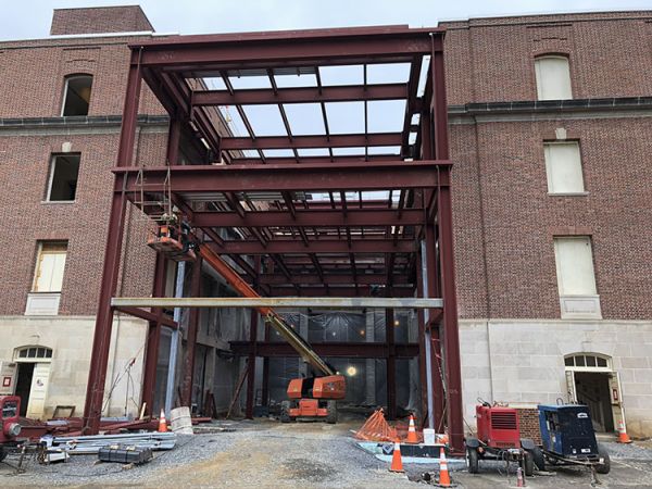 Steel beams frame in a section of new construction for the Bellisario Media Center