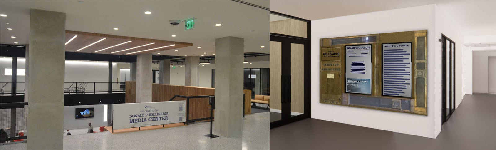 Composite photo showing the interior of the new Bellisario Media Center on the left and a rendering of the electronic donor recognition wall on the right.