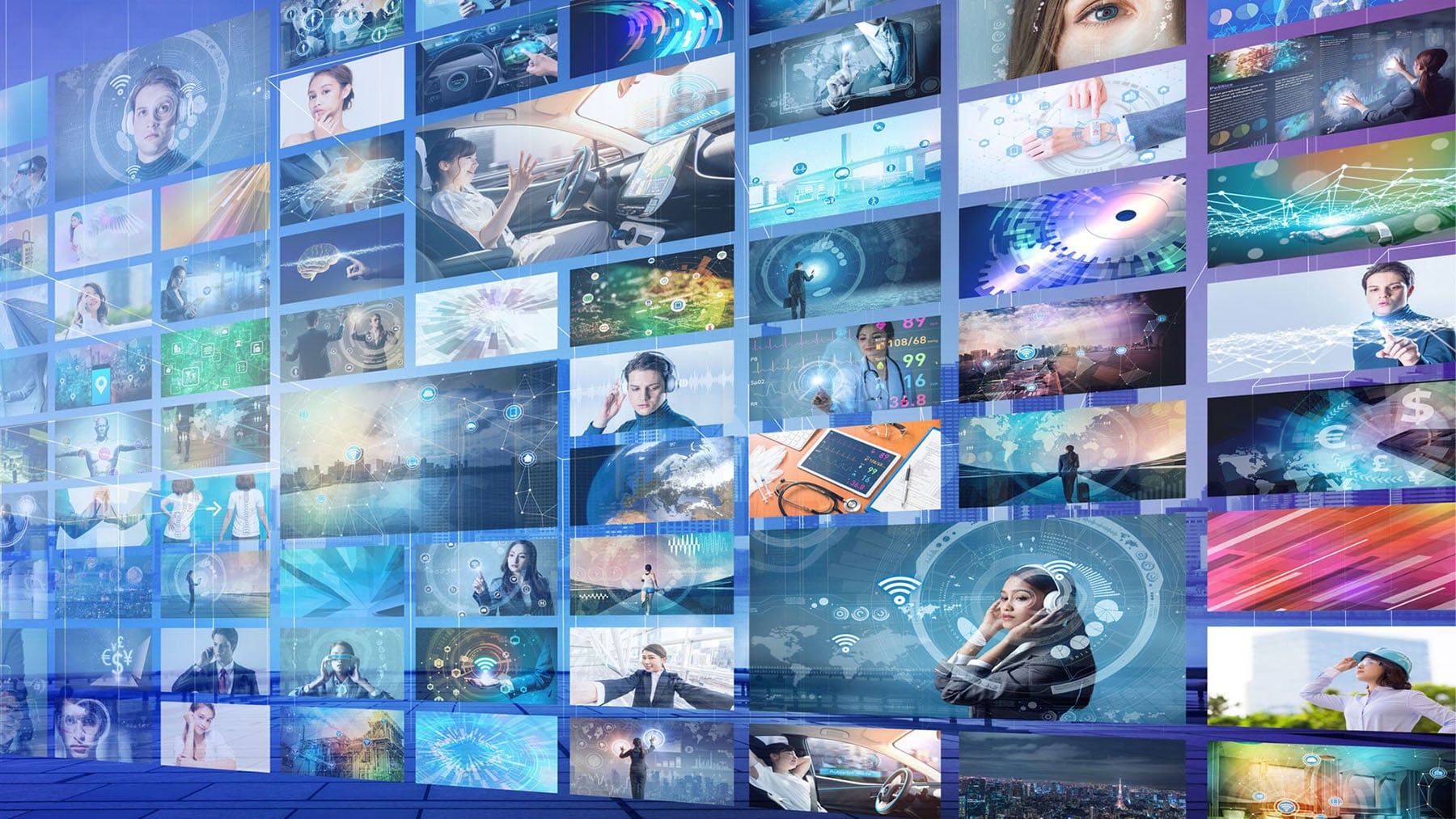 A collage of screens depicting various media concepts and abstract graphics representing different technologies.