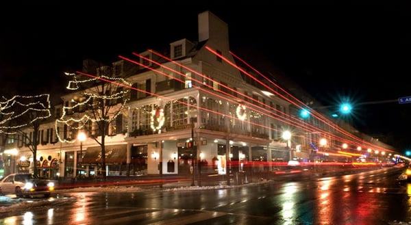 The corner of Allen Street and College Avenue at night, the heart of downtown
