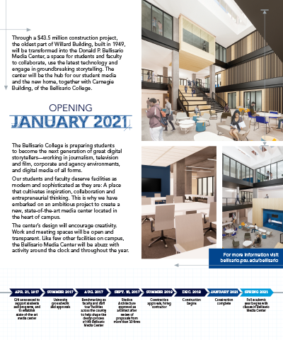 Interior of a brochure highlighting the Donald P. Bellisario Media Center, slated to open January 2021