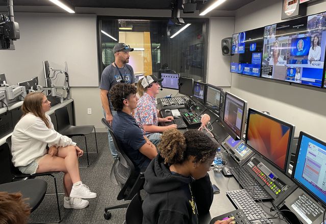Students working in a TV studio.