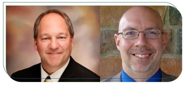 Headshot photos of two men wearing jackets and ties and smiling, shown side-by-side.