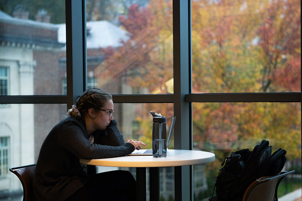 A student studying on her laptop in front of a window through which trees are changing color in the fall.