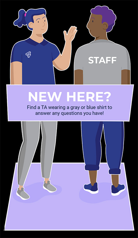 Illustration of two resident assistants with the text - New Here? Find a TA wearing a gray or blue shirt to answer any questions you have!
