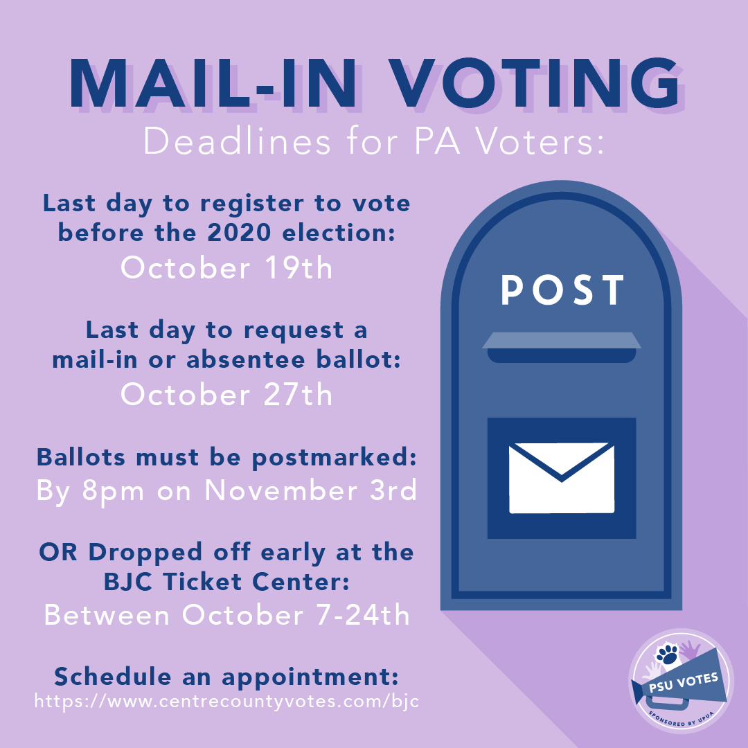 Pink square social media graphic with a blue post office drop off box graphic. Text reads mail-in voting deadlines for PA voters and includes dates and a url to schedule an appointment.