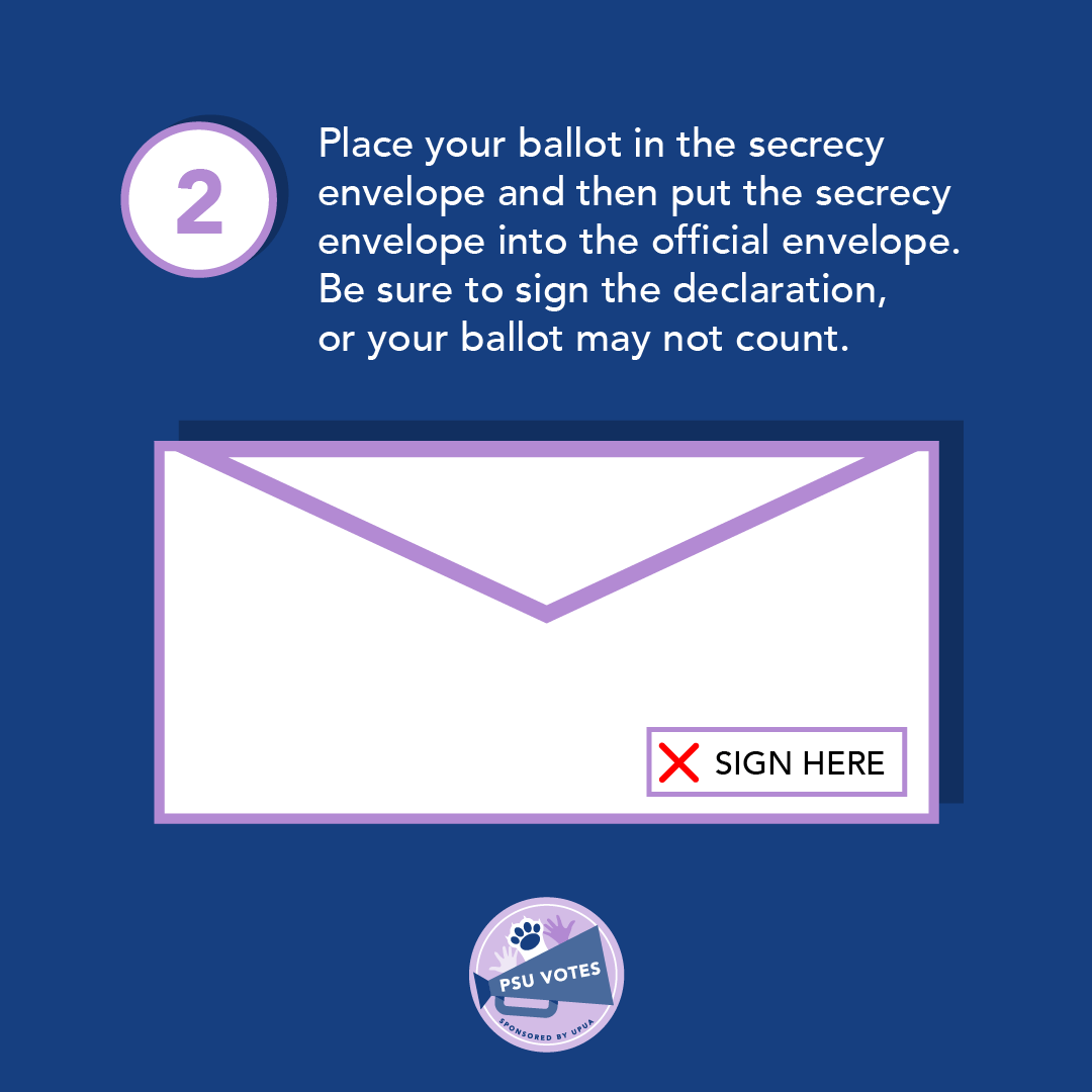 Second of three dark blue square social media graphics with an envelope graphic. A large numeral two 
					is followed by the instructions to Place your ballot in the secrecy envelope and the put the secrecy
					envelope into the official envelope. Be sure to sign the declaration, or your ballot may not count.