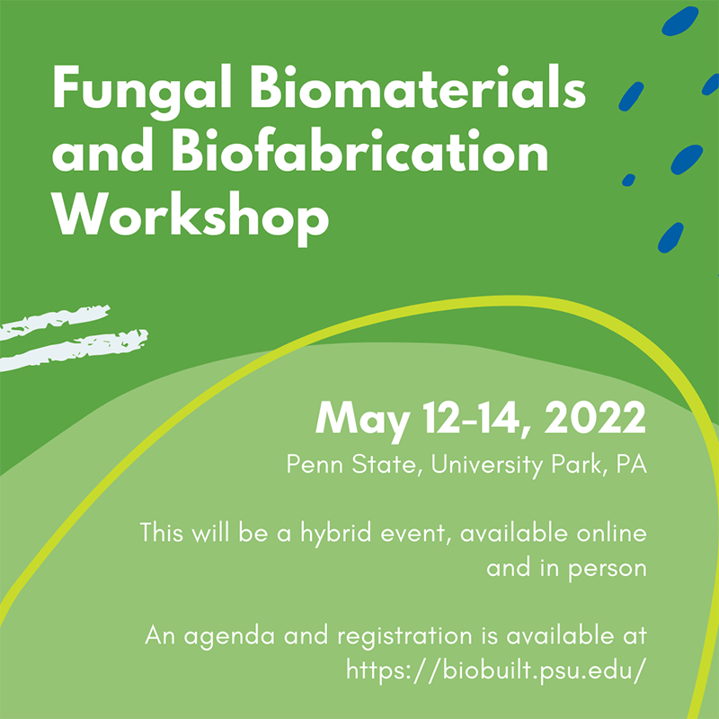 Green background with abstract shapes and the primary text Fungal Biomaterials and Biofabrication Workshop