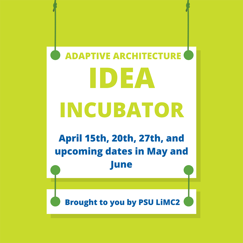 Bright green background with illustrated hanging signs that read Adaptive Architecture - Idea Incubator