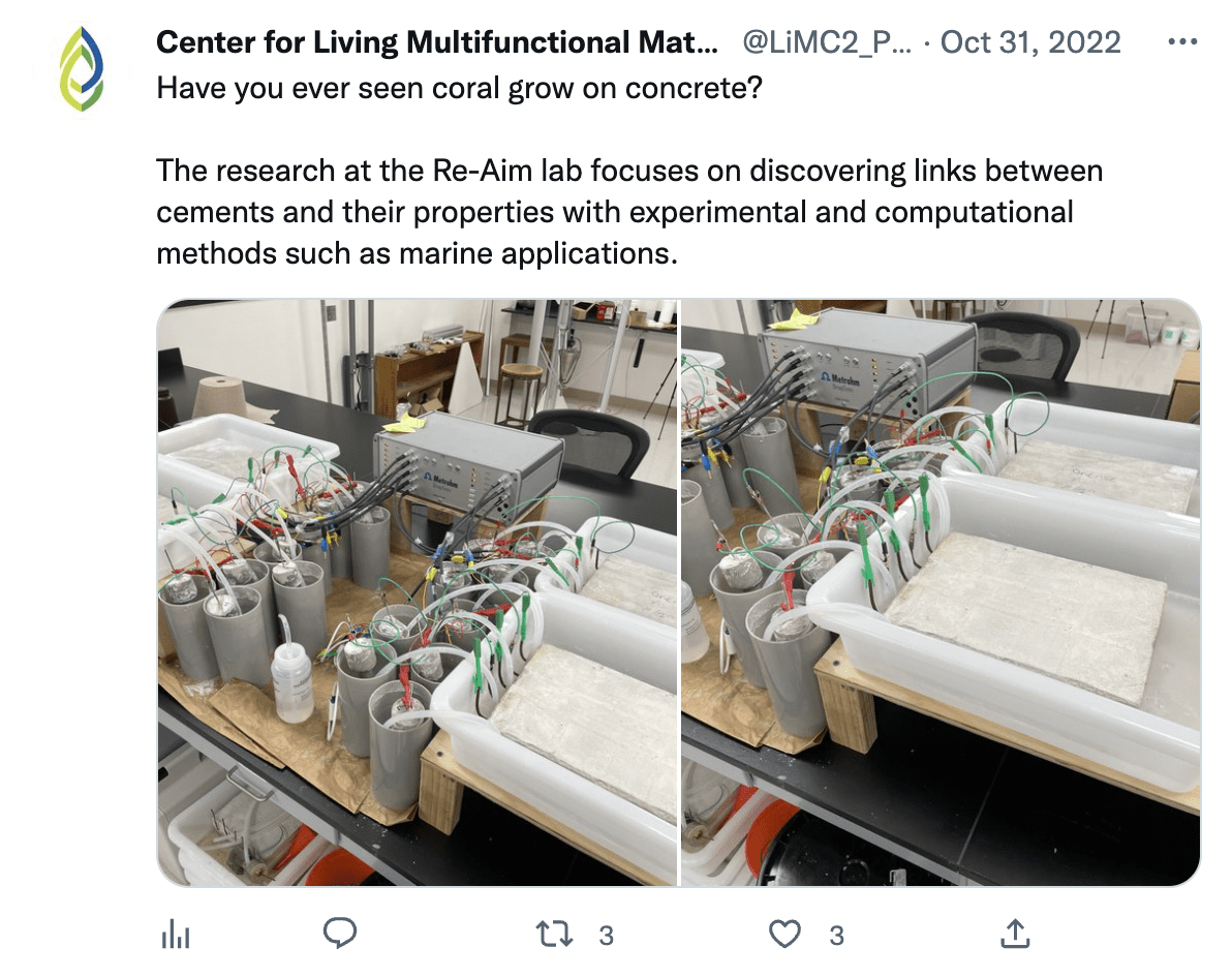 Screenshot of a twitter post that reads Have you ever seen coral grow on concrete and features two photos of concrete in bins in a laboratory.