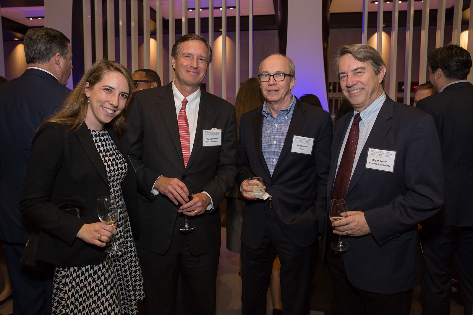(Left to right) Taylor Bolton, Paul Verbinnen, 2017 honoree Alan Murray and advisory board member Roger Bolton chat during the Page Center Awards cocktail hour.