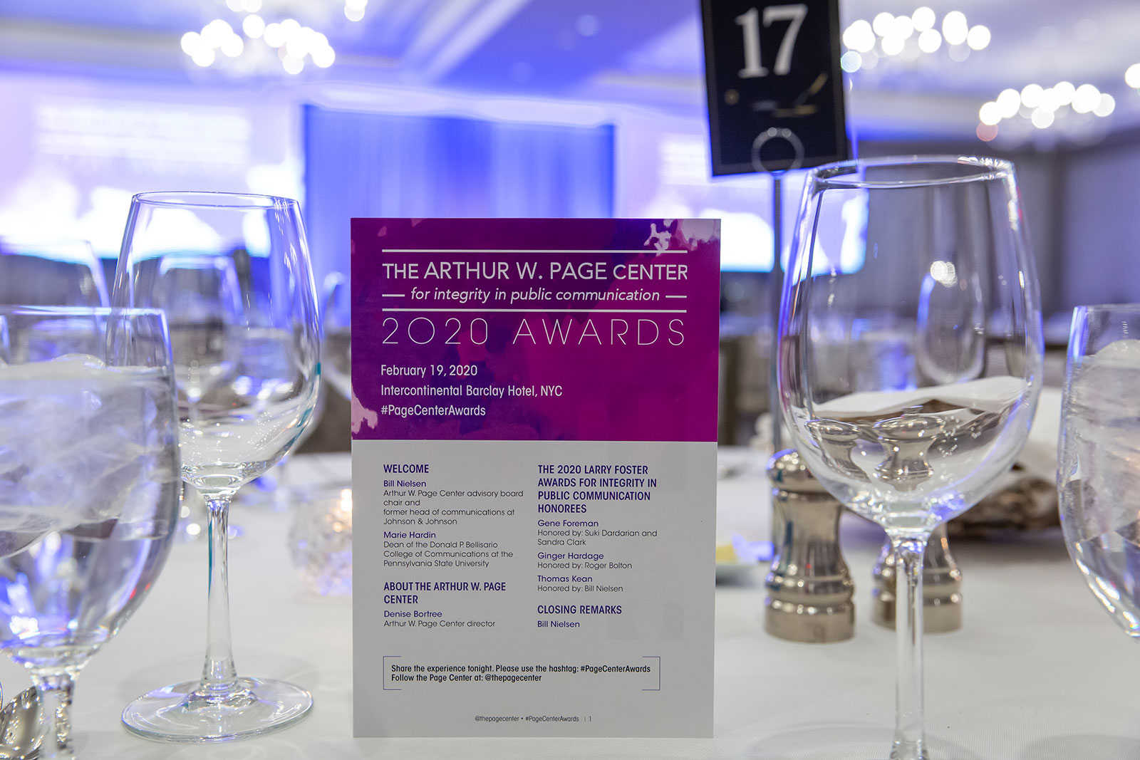  The 2020 Arthur W. Page Center Awards was held at the Intercontinental Barclay Hotel in New York City. 
