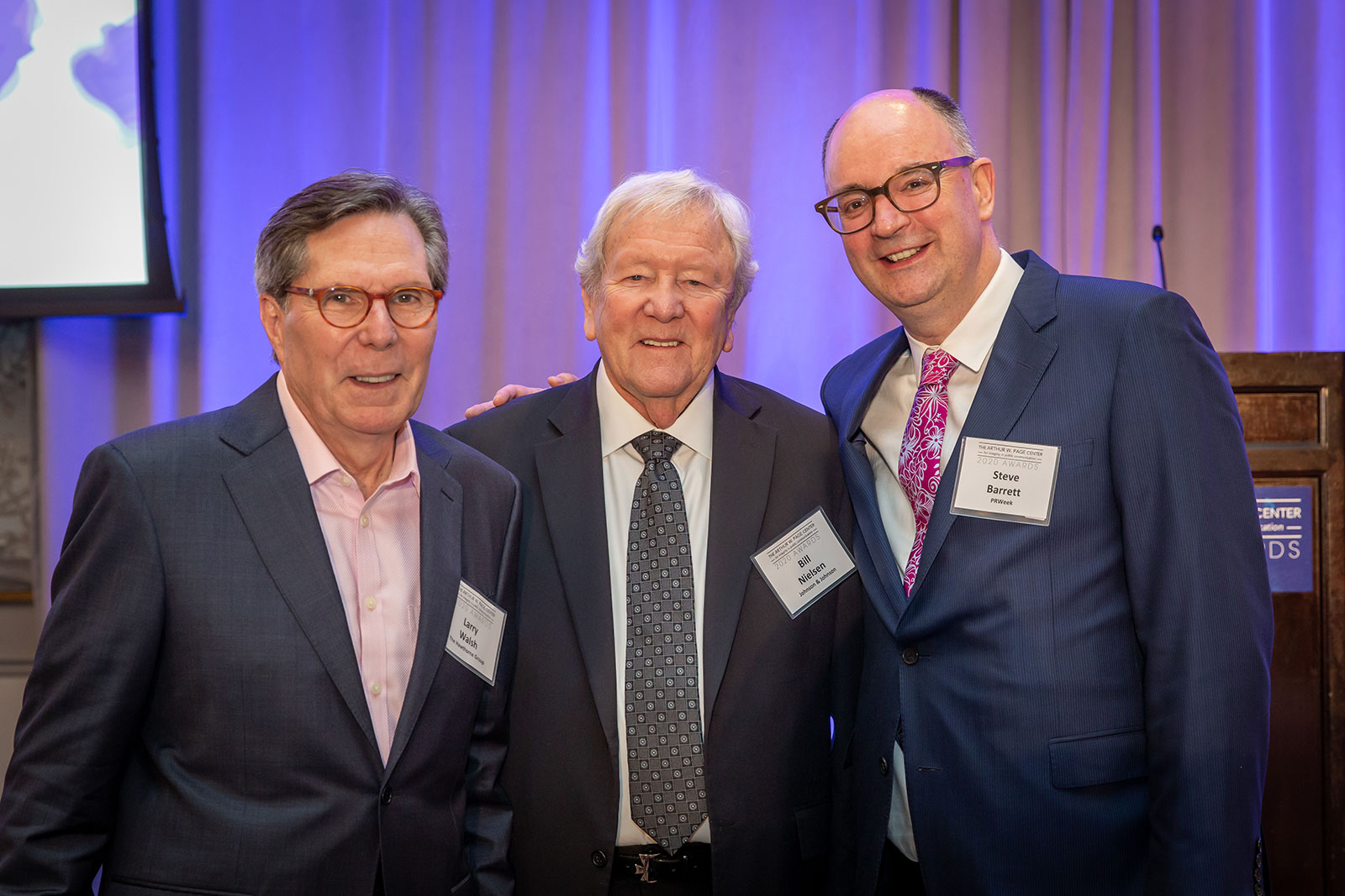  Larry Walsh (left), Bill Nielsen (middle) and Steve Barrett (right) enjoy the 2020 Page Center Awards.