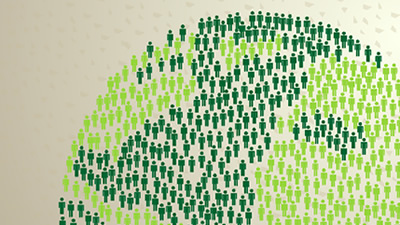 Conceptual graphic of the earth made up of green people