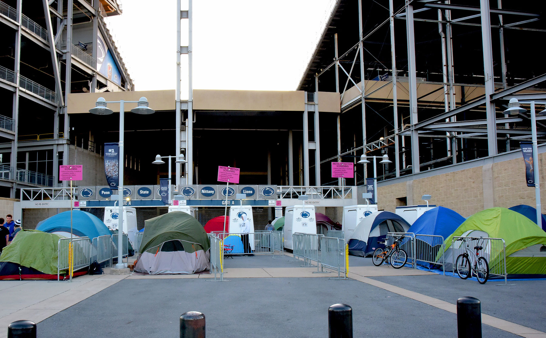 A bunch of tents lined up in front of Gate A at Beaver Stadium.